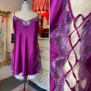 1980s purple satin nightie open lace up sides large 80s lingerie nightgown plus